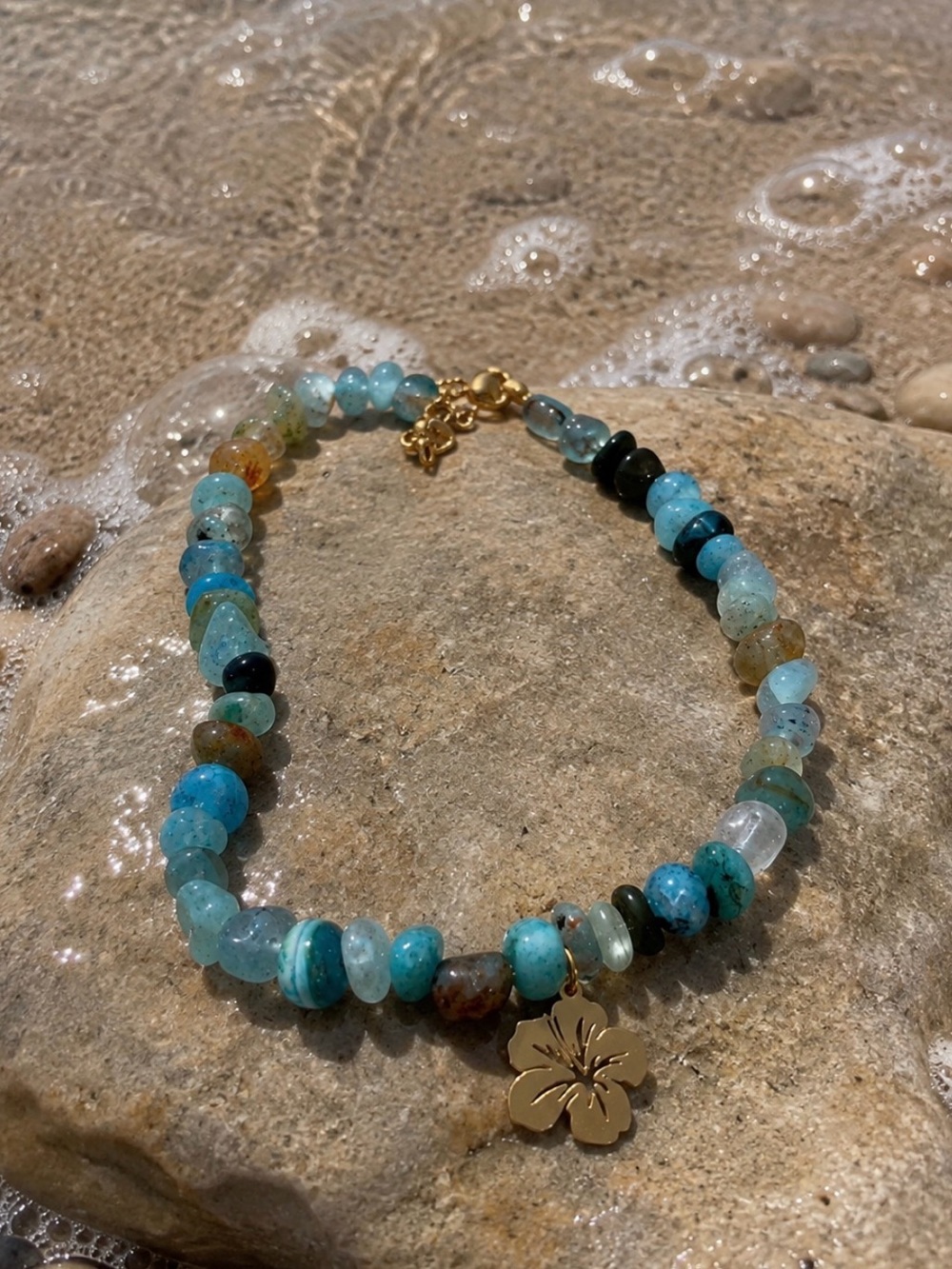 Gold Hibiscus Charm Aquamarine & Turquoise Beaded Necklace